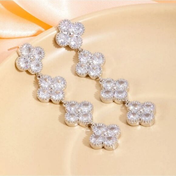 Sparkling Diamond Clover Dangle Earrings - Picture 1 of 3